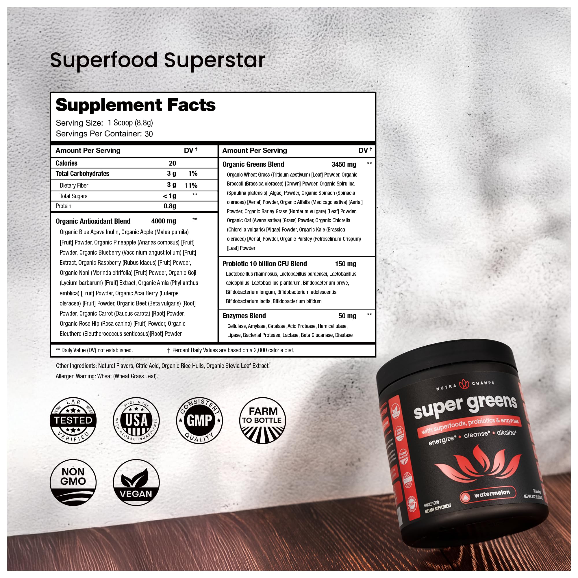 NutraChamps Super Greens ingredients blend highlights spirulina and chlorella.