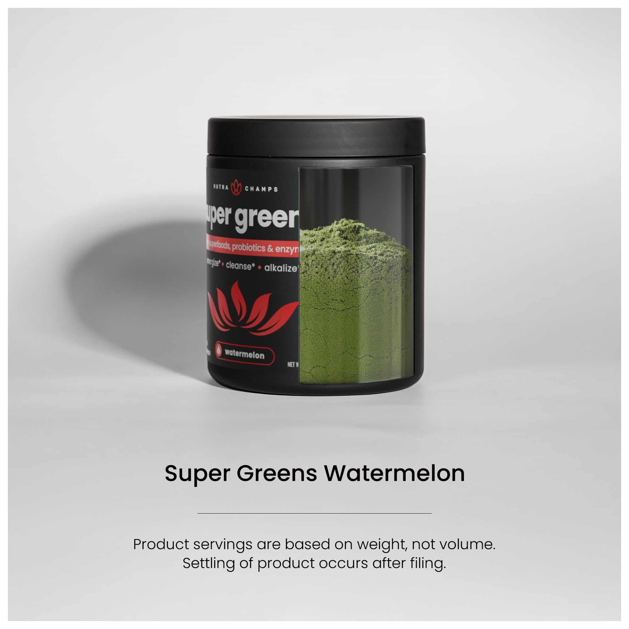 NutraChamps Super Greens packaging on shelf conveys quality and freshness.