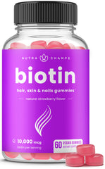 NutraChamps Biotin Gummies jar showing 10,000 mcg for hair, skin and nails.