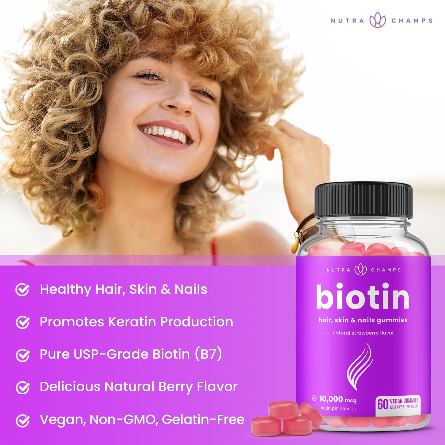 NutraChamps Biotin Gummies pack highlights easy on-the-go daily supplementation.