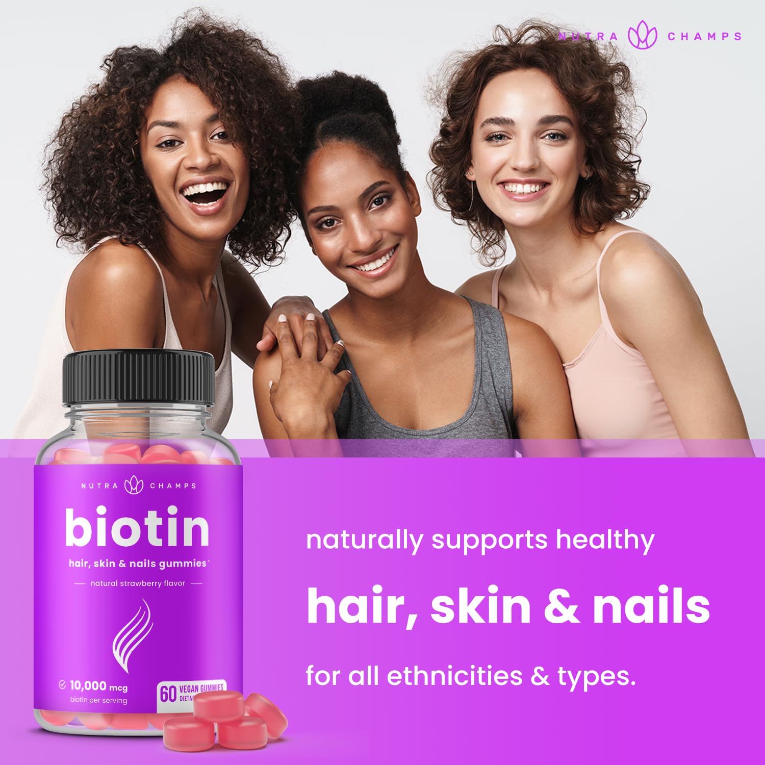 NutraChamps Biotin Gummies packaging highlight vegan plant-based formula.
