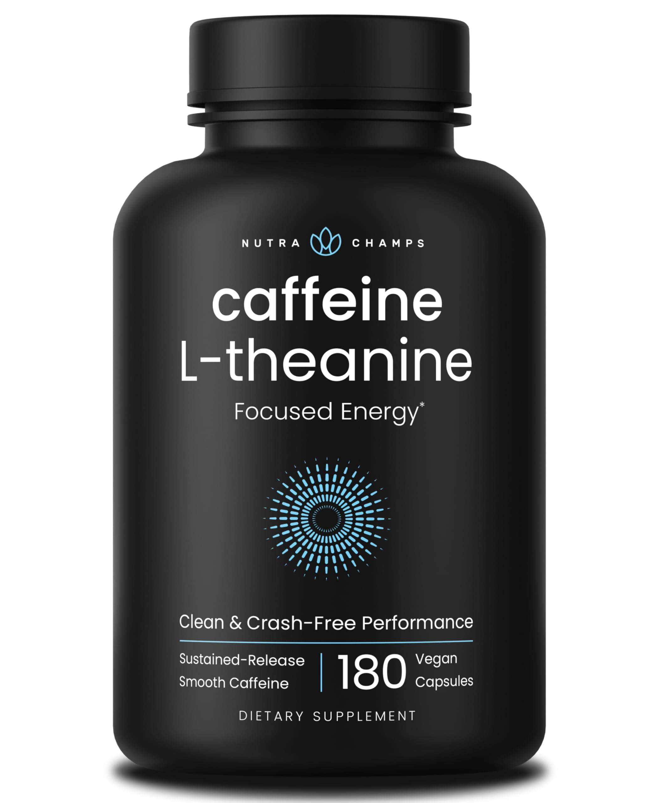 NutraChamps caffeine pills bottle with sustained-release formula for focused study sessions