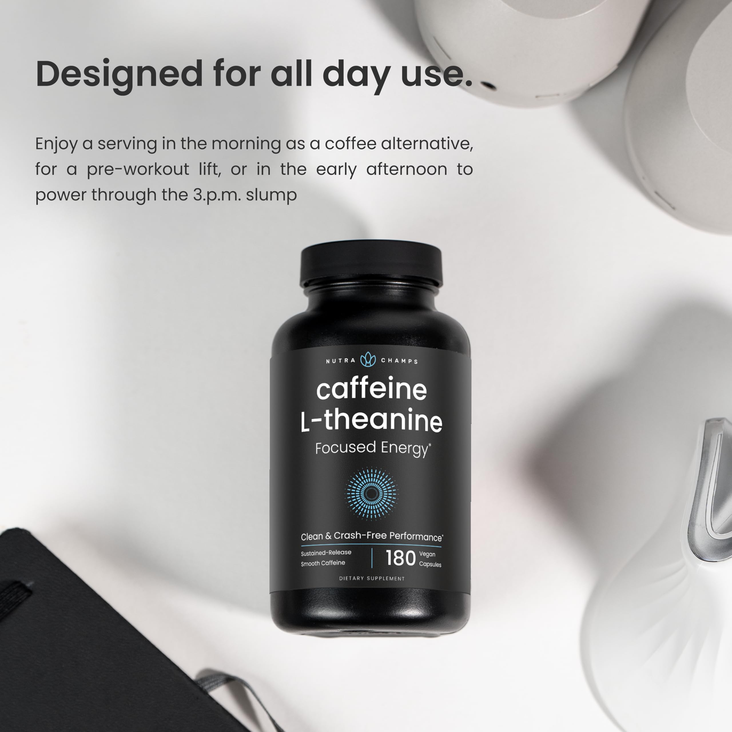 NutraChamps caffeine pills capsules closeup showing 100 mg caffeine and 200 mg L-Theanine