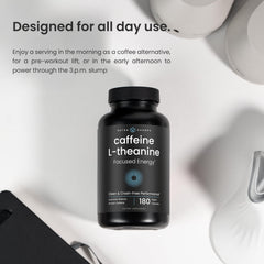 NutraChamps caffeine pills capsules closeup showing 100 mg caffeine and 200 mg L-Theanine