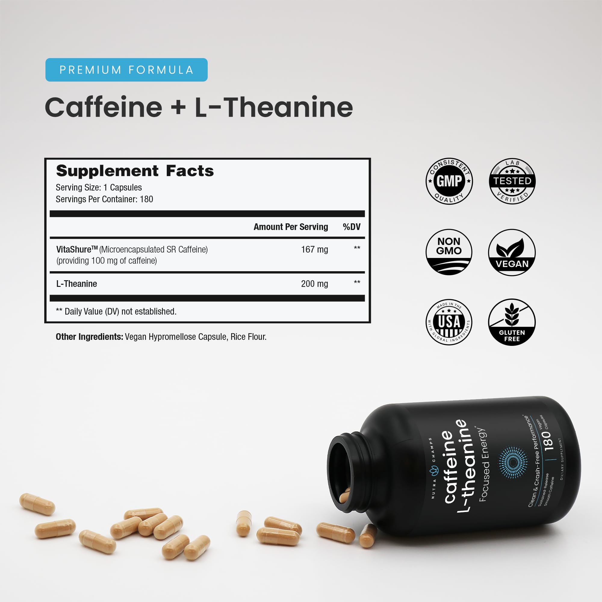 NutraChamps caffeine pills label front highlighting vegan, clean formula benefits