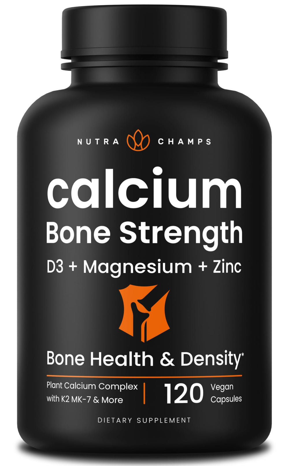NutraChamps Calcium bottle shows plant-based bone support for daily wellness