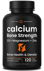 NutraChamps Calcium bottle shows plant-based bone support for daily wellness