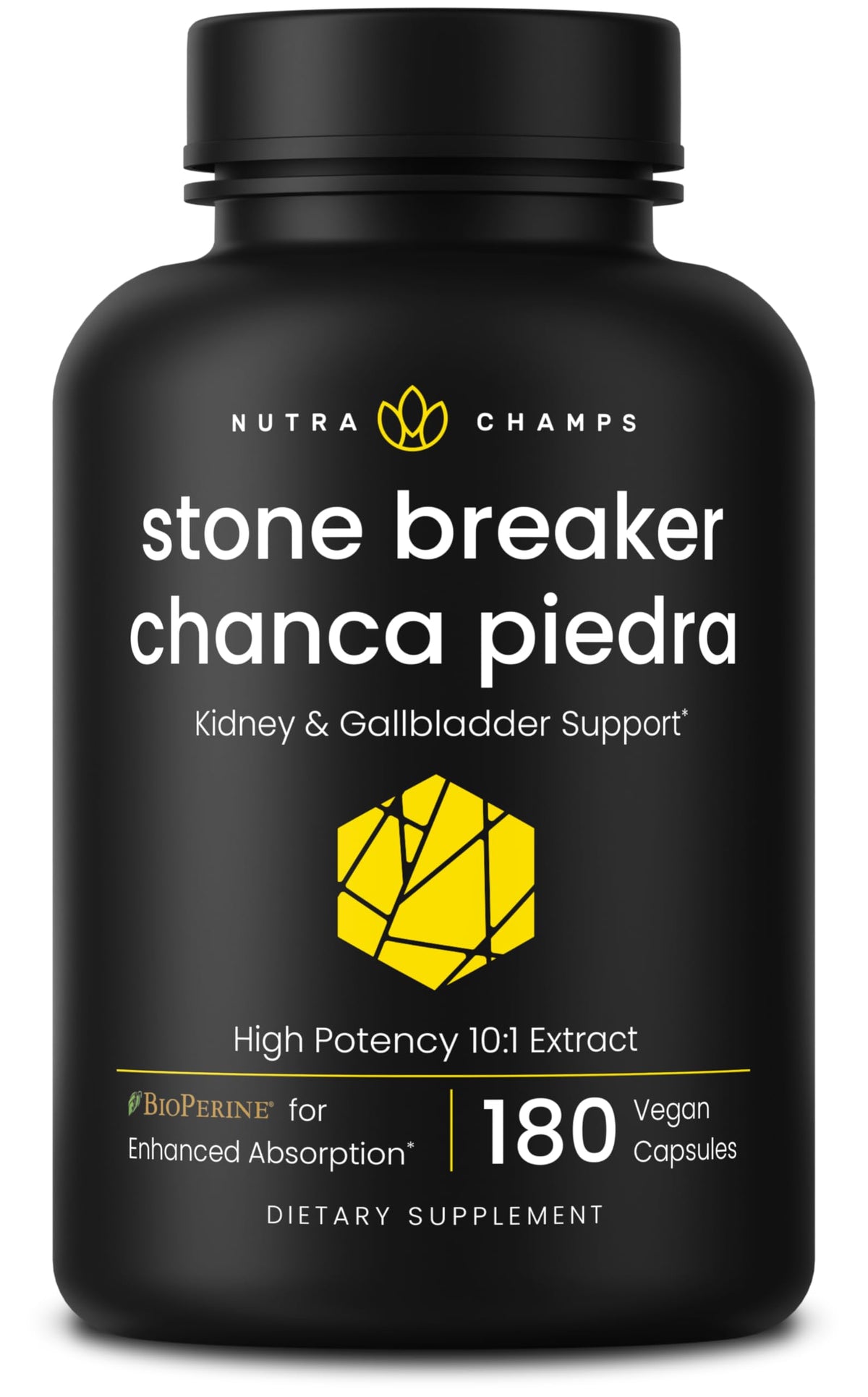 NutraChamps Chanca Piedra Stone Breaker bottle highlighting high-potency extract for detox support.