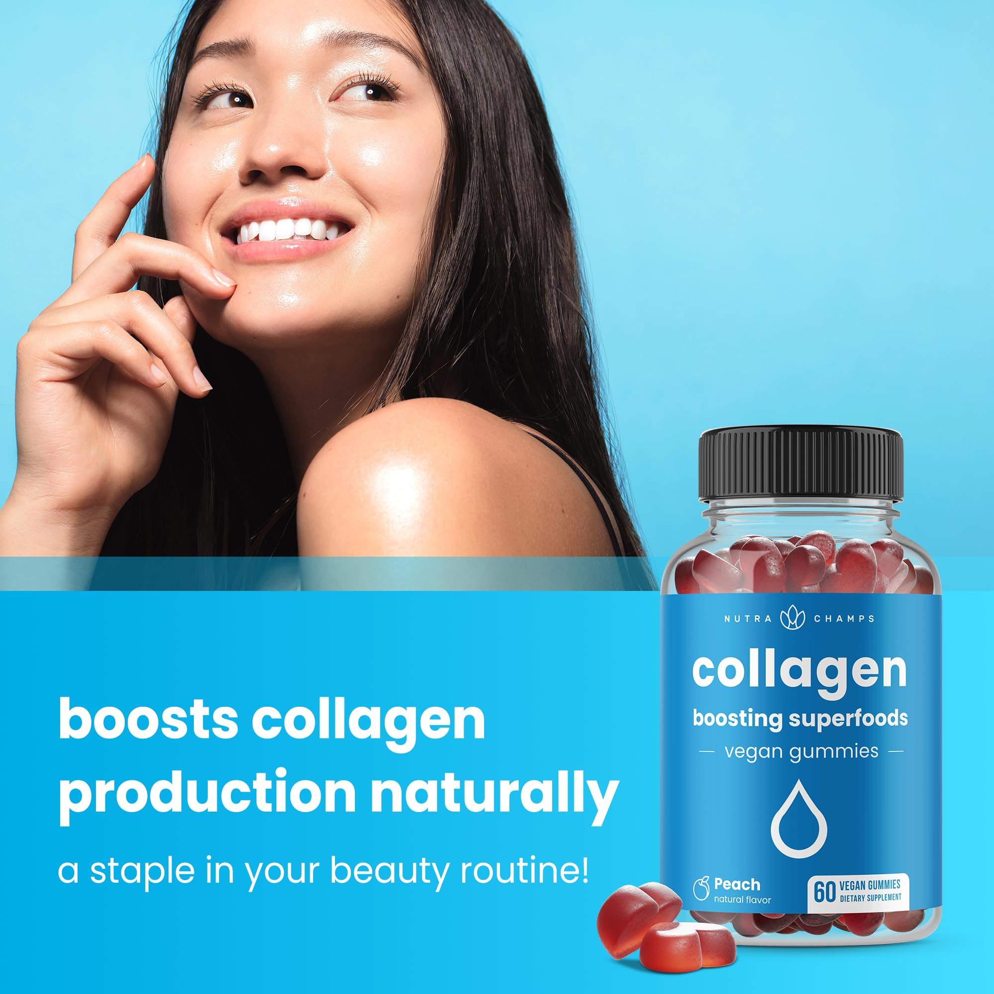 NutraChamps collagen gummies hair skin nails close-up suggesting daily use.