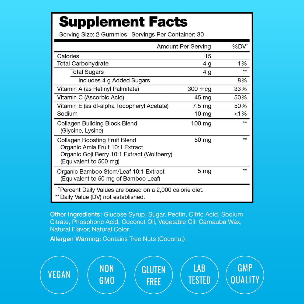 NutraChamps collagen gummies open pack highlights peach flavor for convenient snacking.