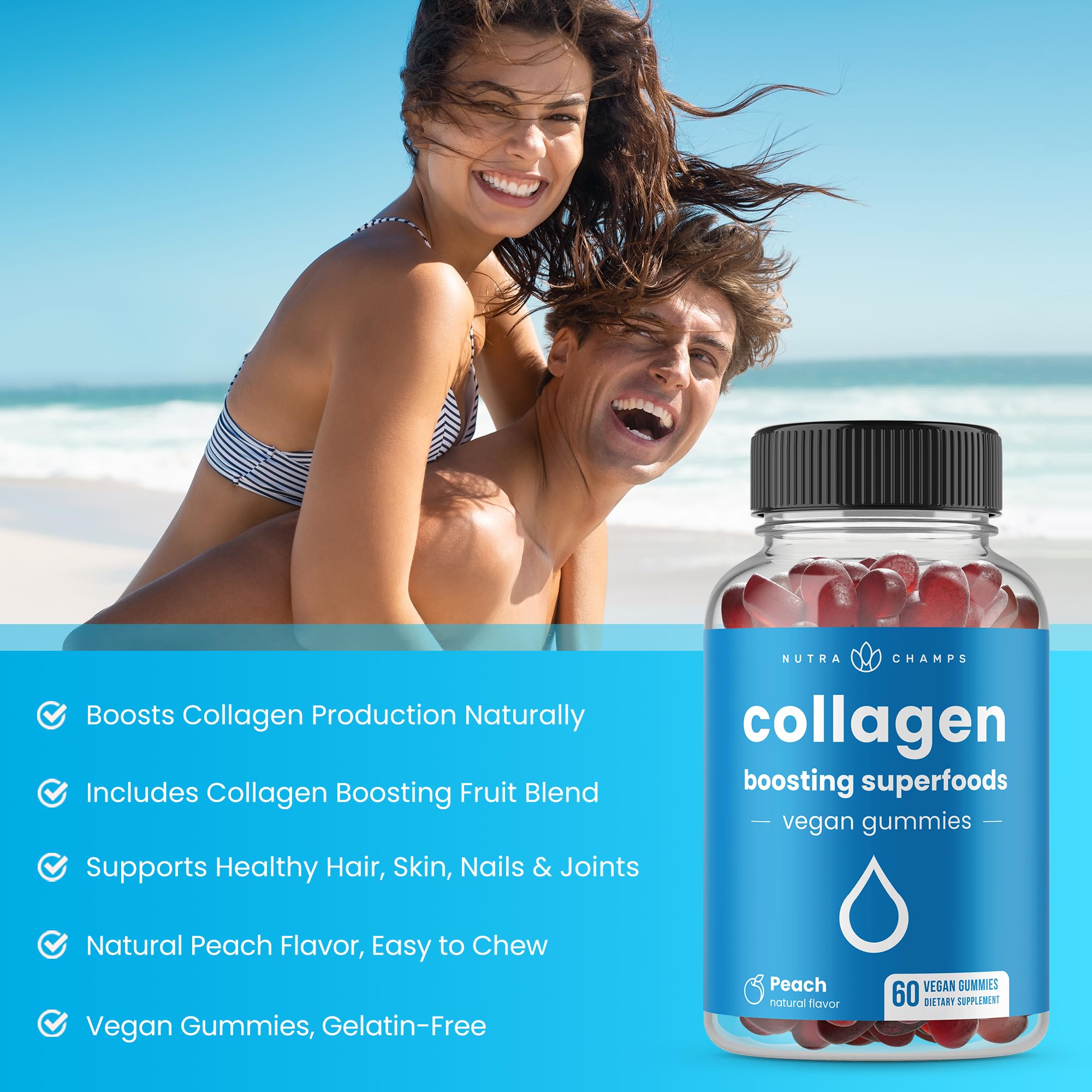 NutraChamps collagen gummies peach flavor close-up for a tasty daily routine.