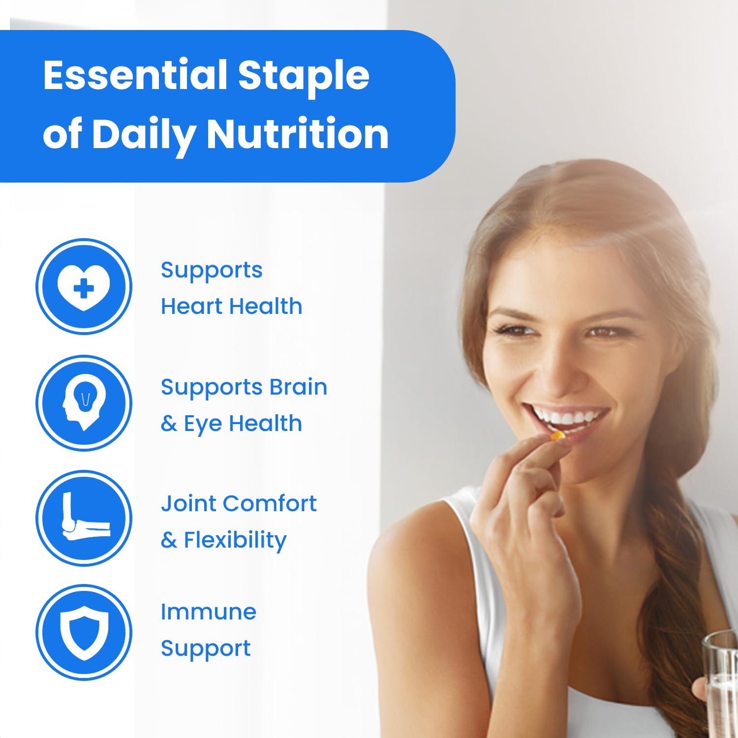 NutraChamps omega-3 softgels pictured with a healthy meal suggestion.
