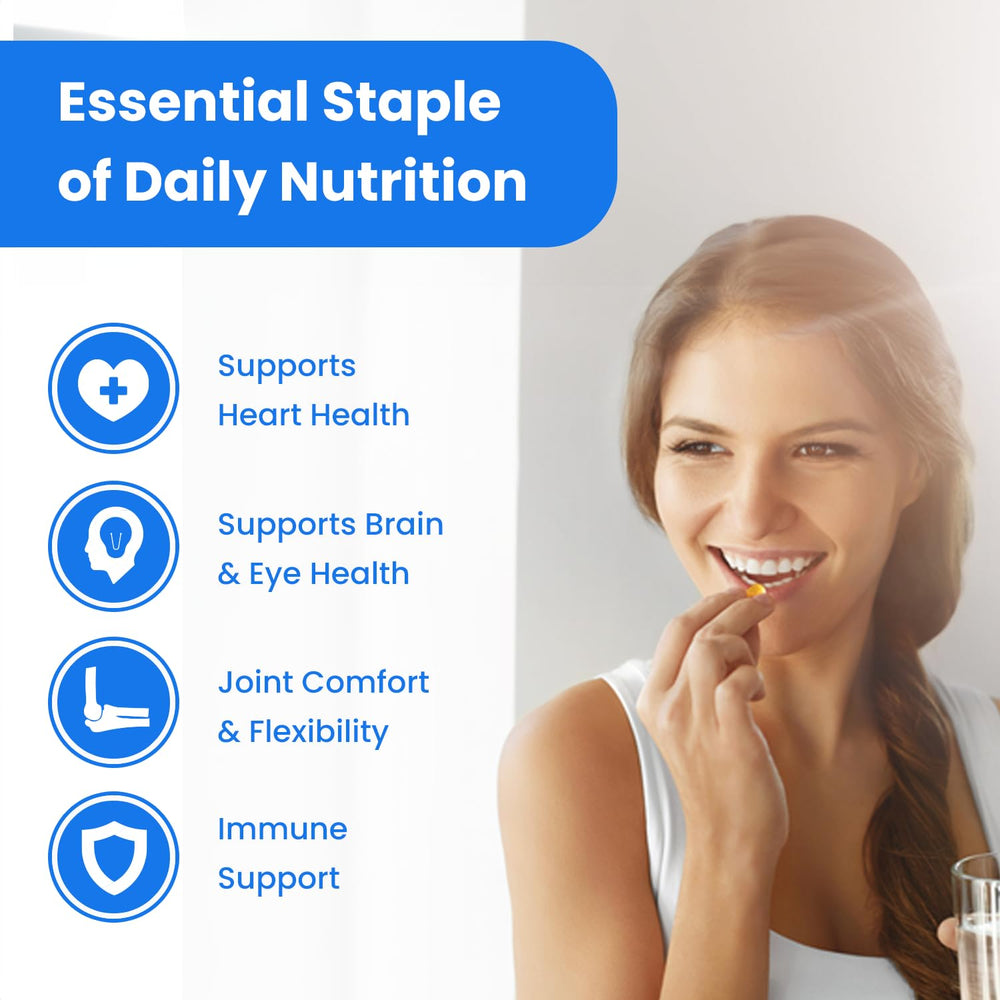 NutraChamps omega-3 softgels pictured with a healthy meal suggestion.