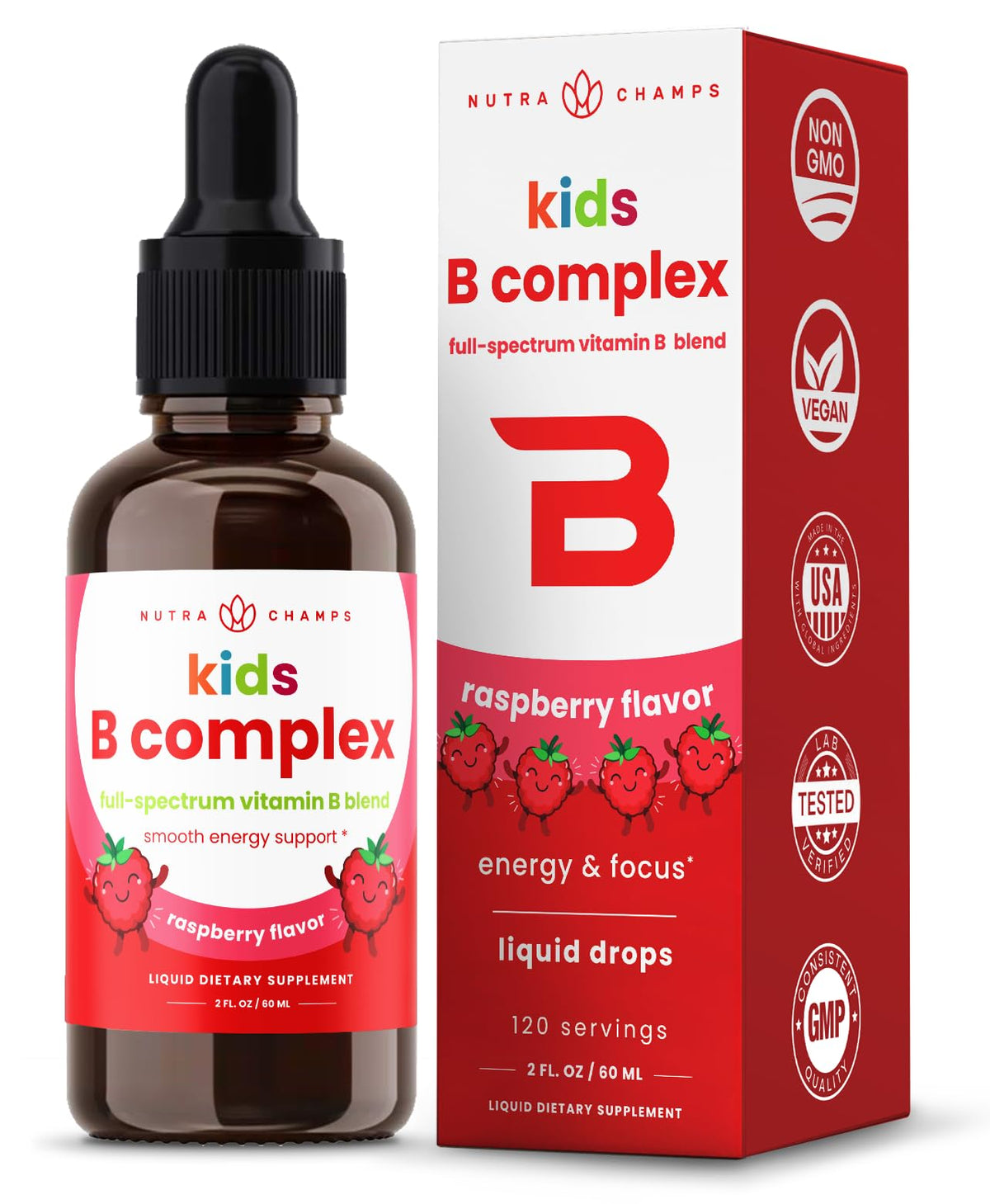 NutraChamps Kids B Complex bottle with drops for focused daytime energy