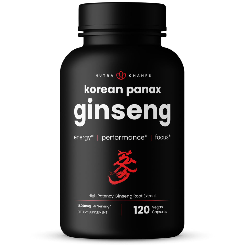 NutraChamps Korean Red Panax Ginseng bottle front view highlights premium packaging and product name for energy and focus.