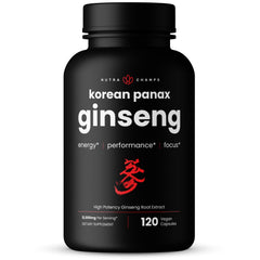 NutraChamps Korean Red Panax Ginseng bottle front view highlights premium packaging and product name for energy and focus.