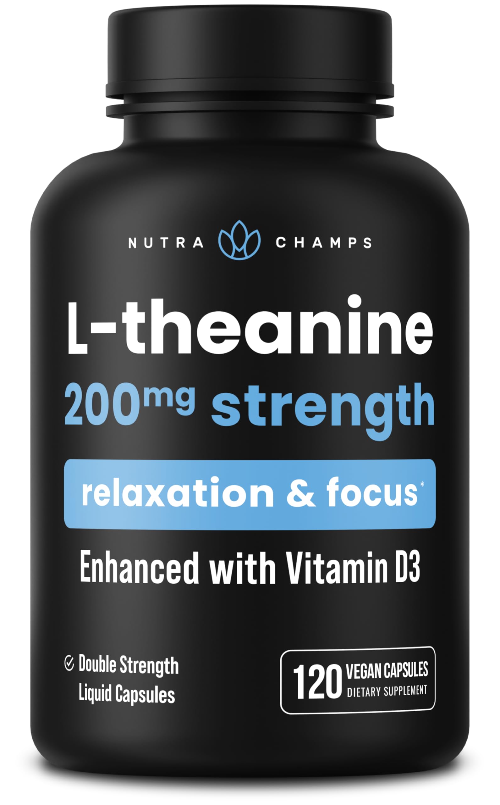 NutraChamps L-Theanine 200mg capsules bottle shown for calm focus and everyday mood support