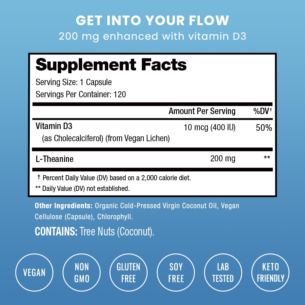 NutraChamps L-Theanine 200mg capsules close-up highlighting vegan formula and fast absorption