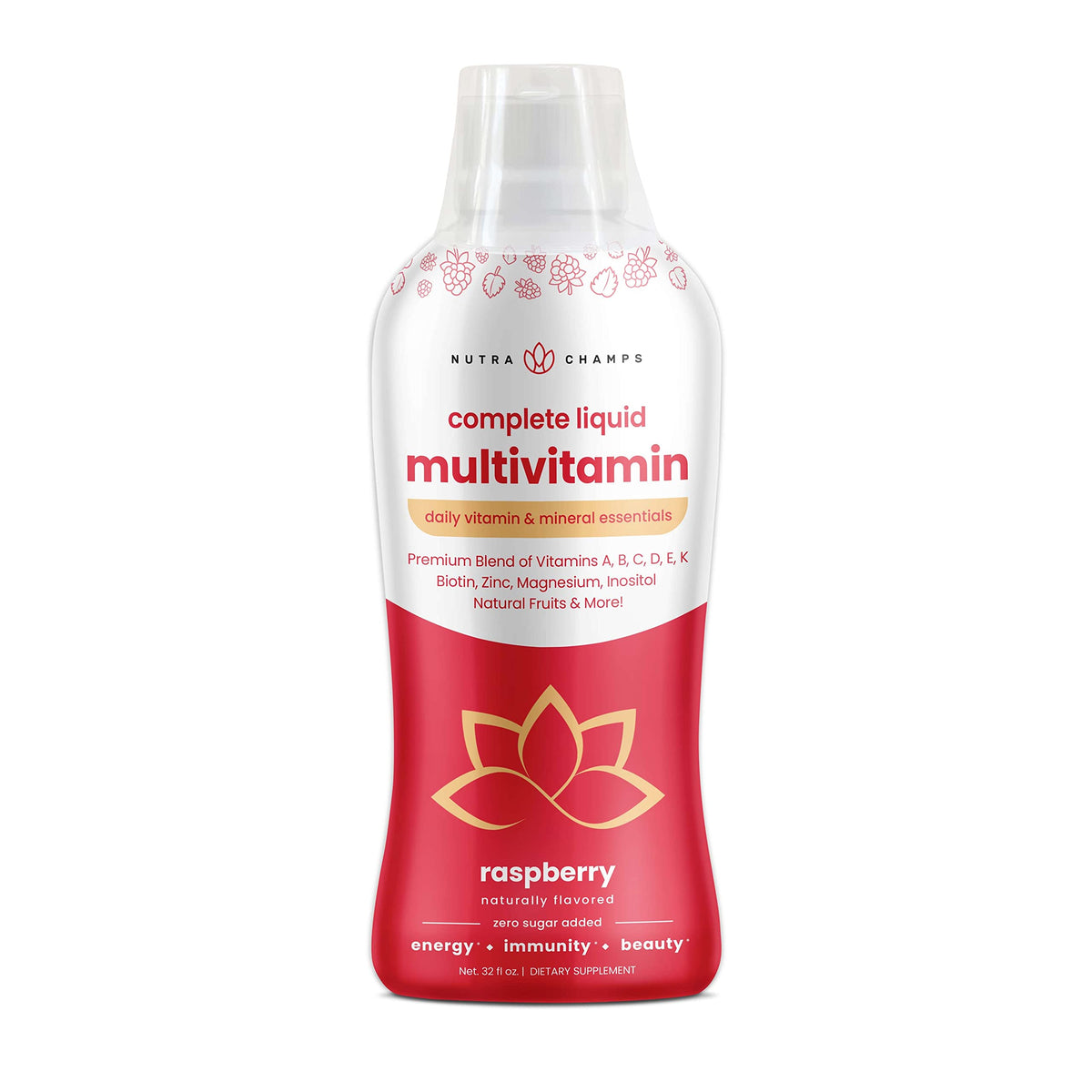NutraChamps Raspberry Liquid Multivitamin bottle for easy daily energy support.