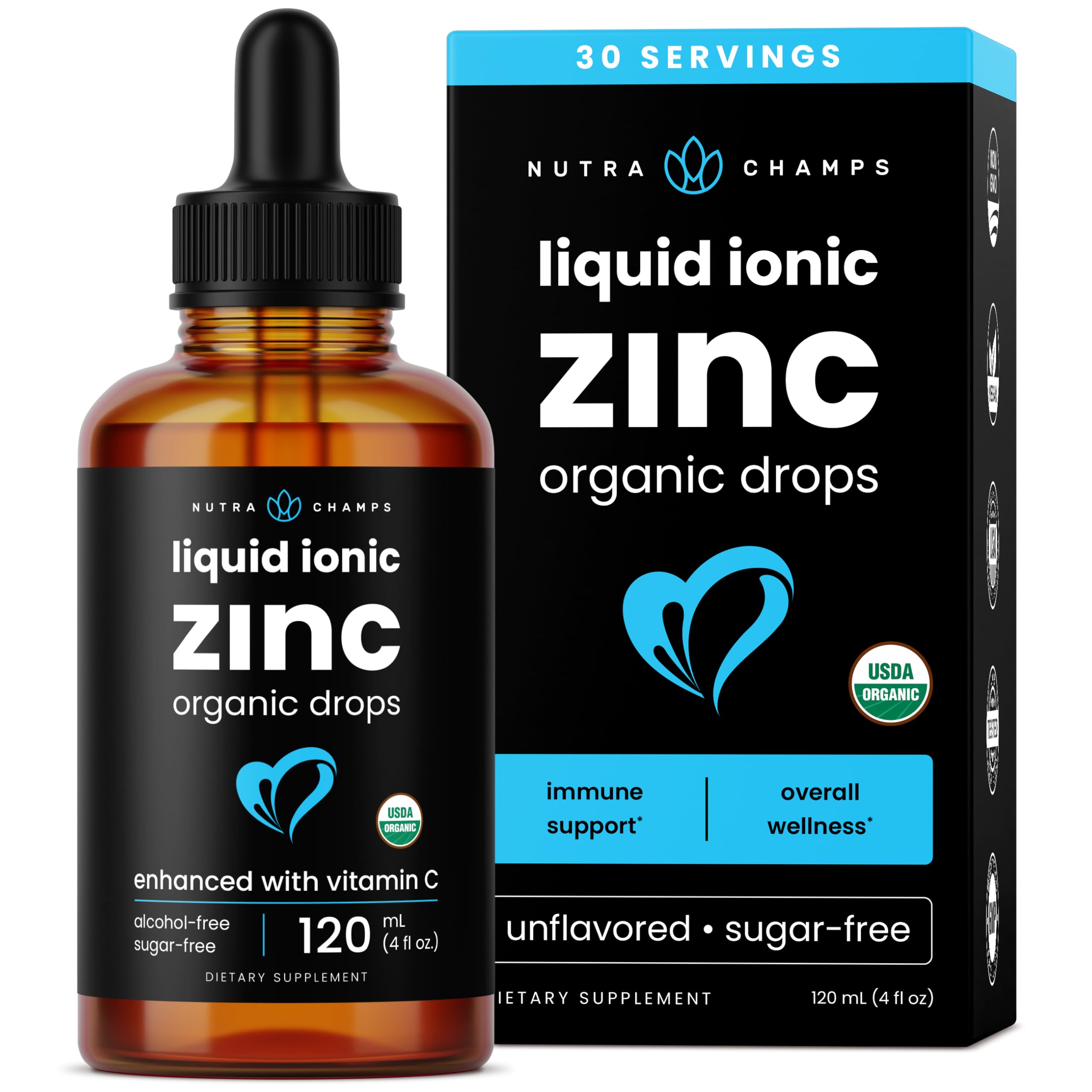 NutraChamps liquid zinc bottle for kids showing a family-friendly daily immune support option