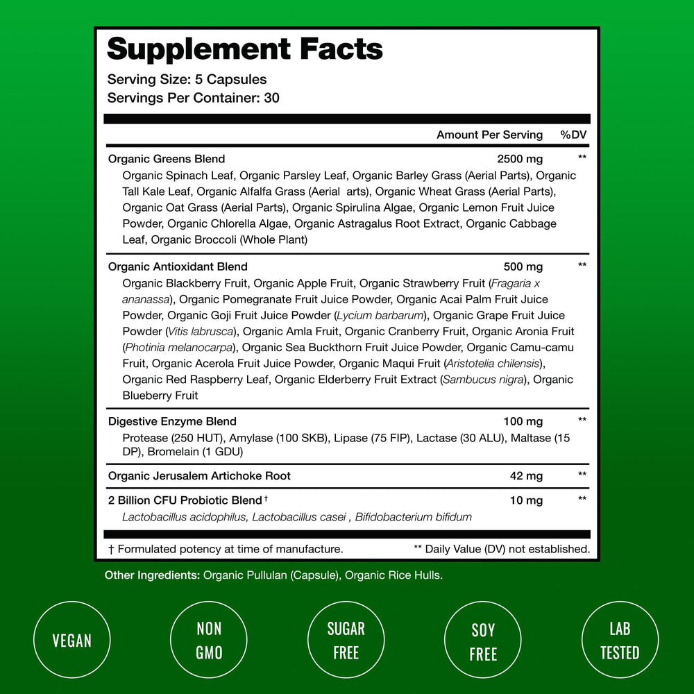 NutraChamps Organic Super Greens bottle on kitchen counter for daily routine