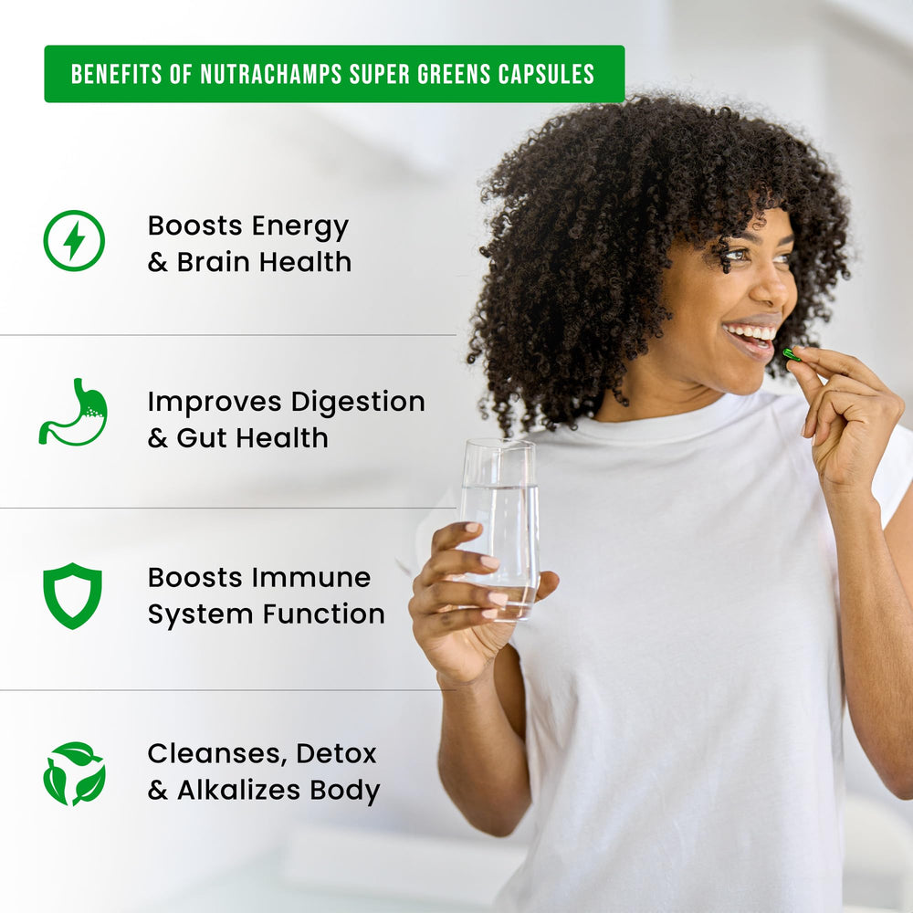 NutraChamps Organic Super Greens glass of water with capsules for quick intake