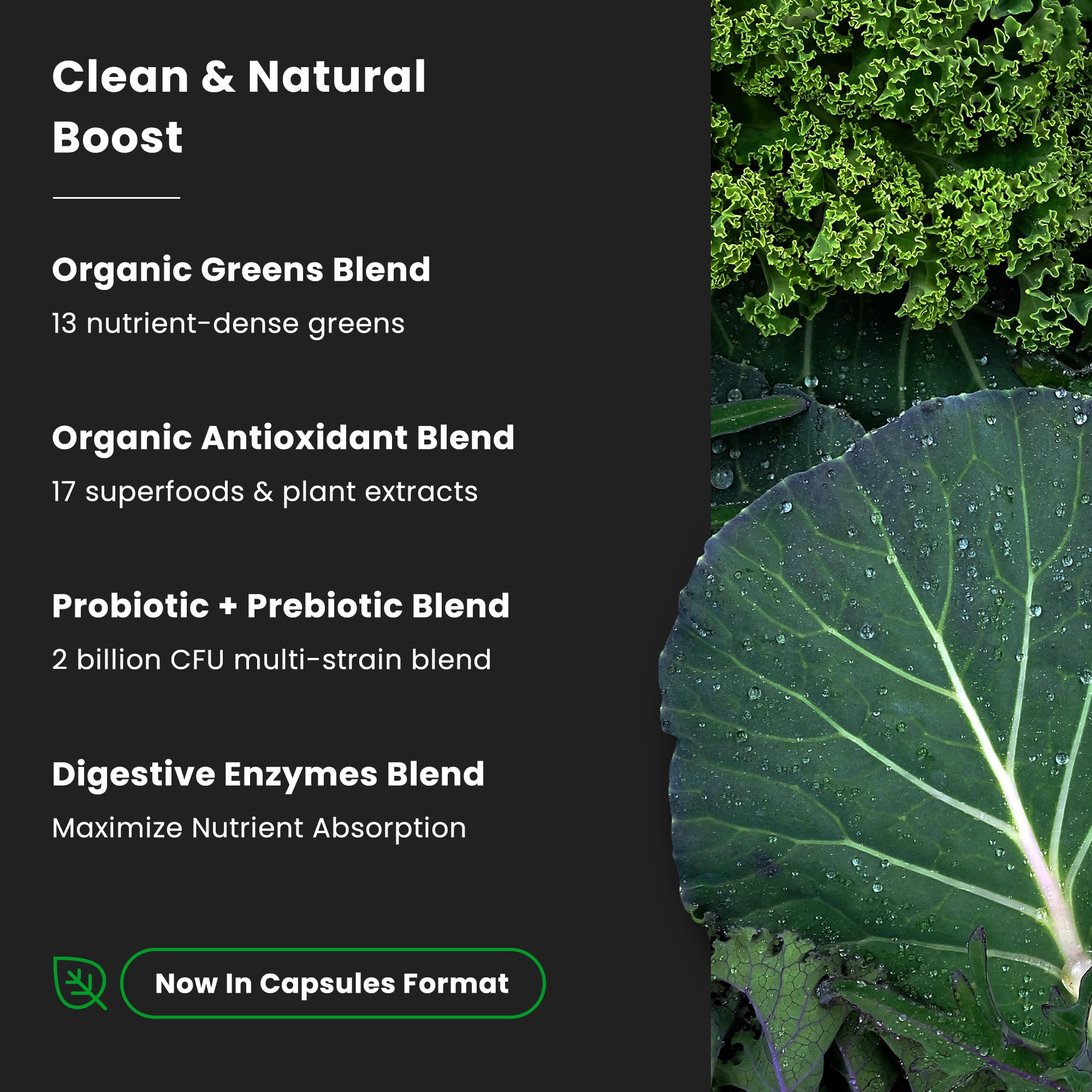 NutraChamps Organic Super Greens ingredient panel highlighting 40+ superfoods