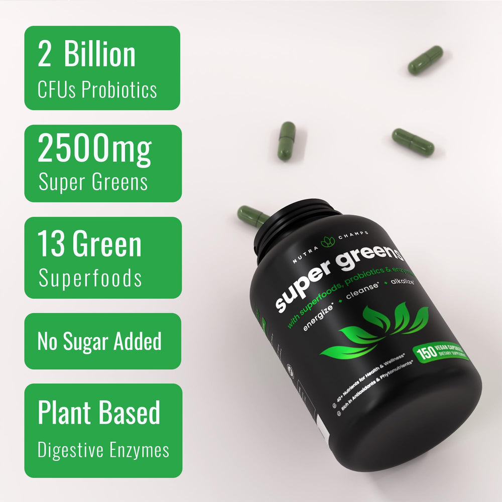 NutraChamps Organic Super Greens label front, signaling clean ingredients