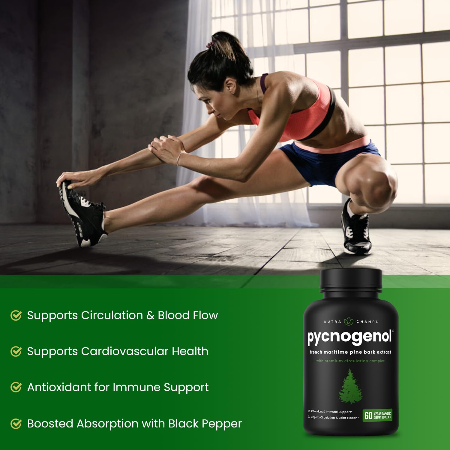 NutraChamps Pycnogenol bottle beside beet root, cayenne pepper, and grape seed visuals.