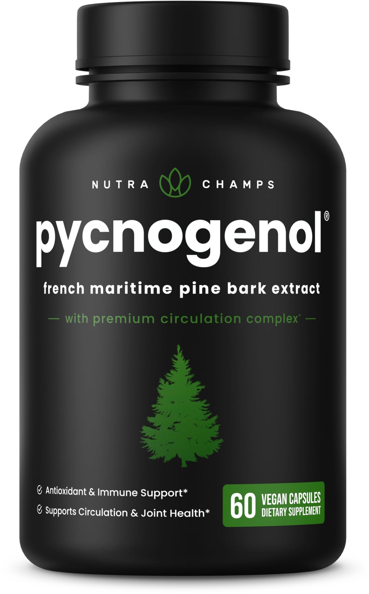 NutraChamps Pycnogenol bottle closeup highlighting the premium circulation complex.