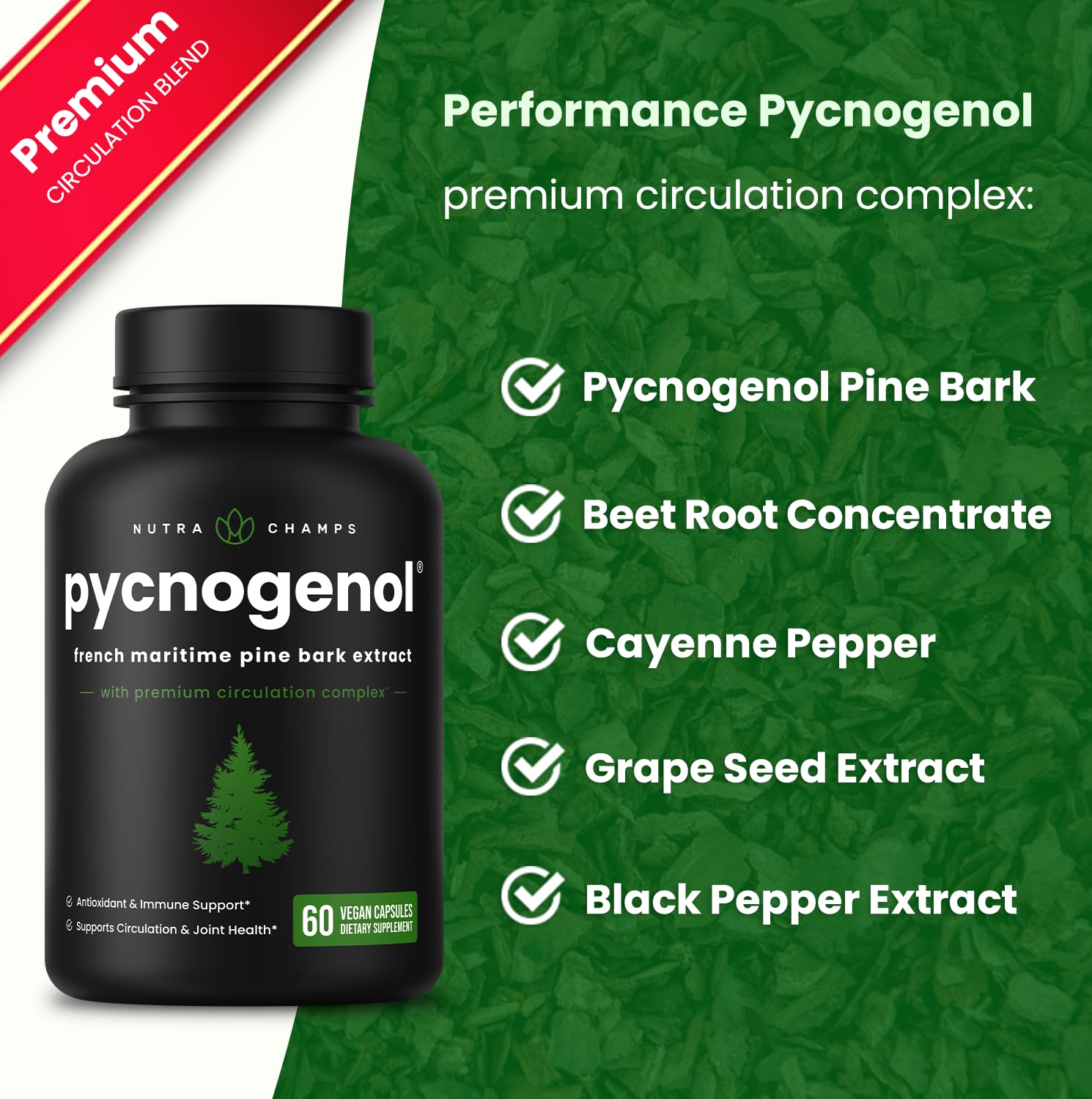 NutraChamps Pycnogenol ingredients blend label signaling antioxidant support.