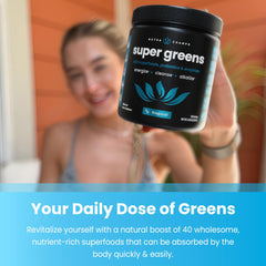 NutraChamps Super Greens ingredients blend highlights organic components for daily nourishment.
