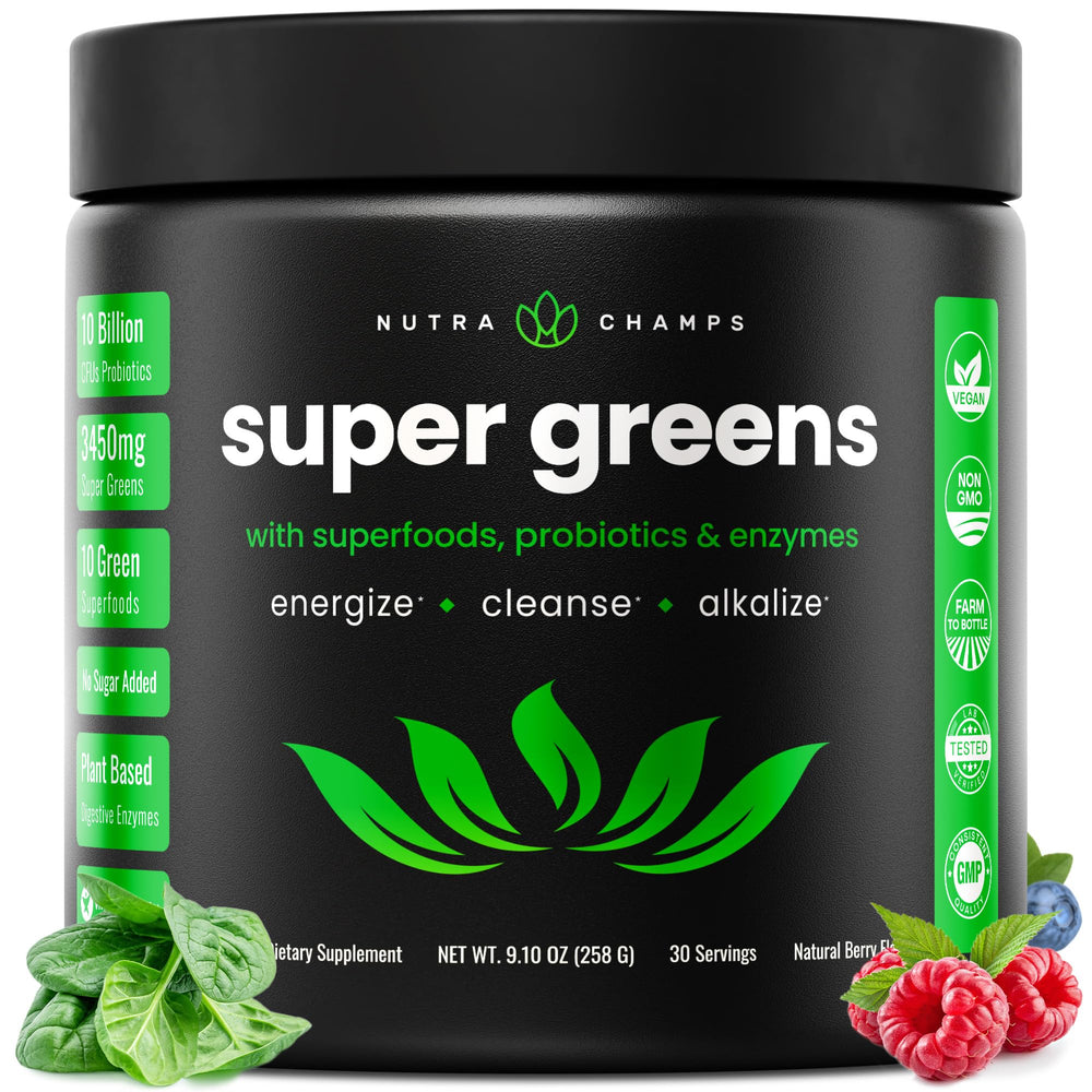 NutraChamps Super Greens Powder container front for daily greens boost