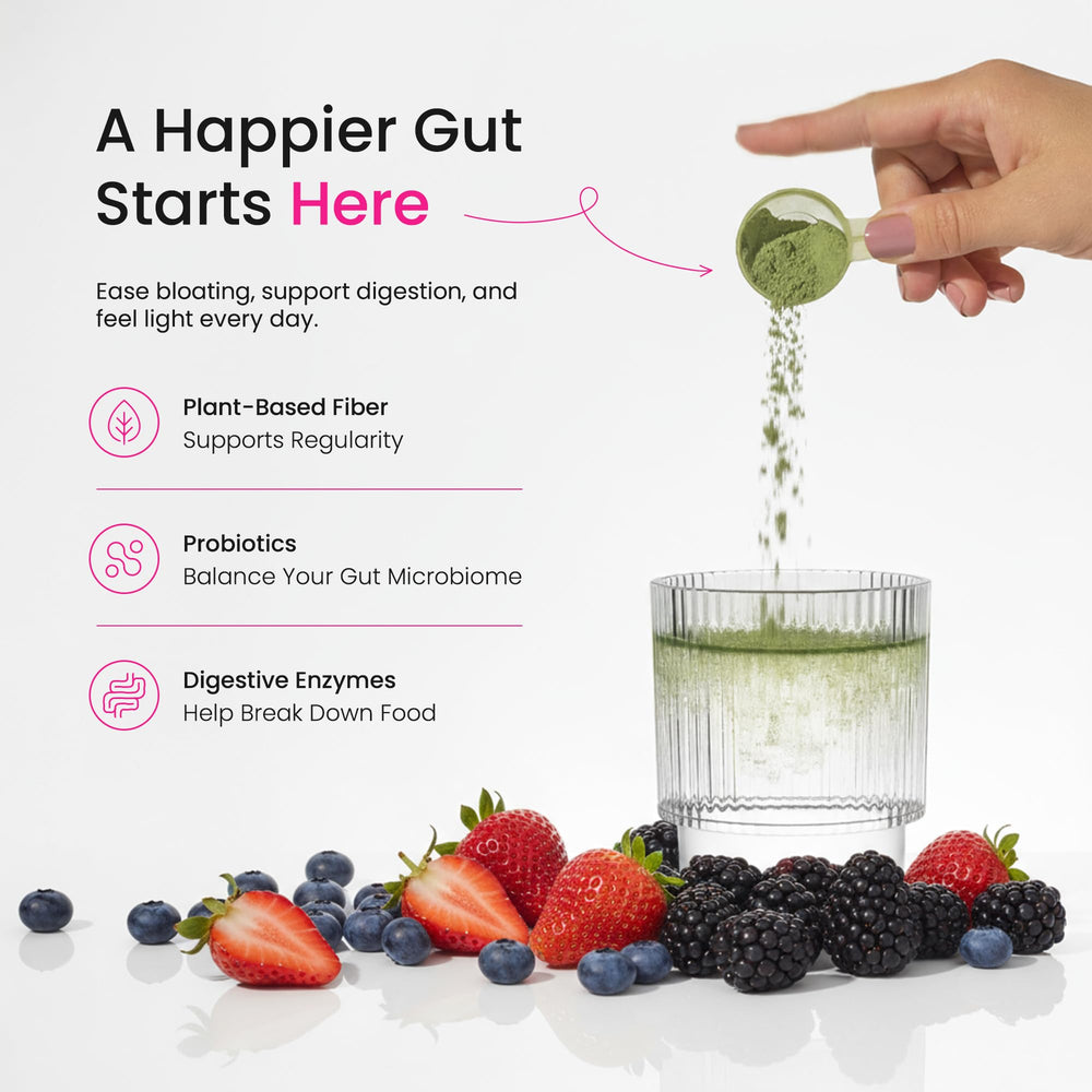 NutraChamps Super Greens Powder in a glass of refreshing green drink