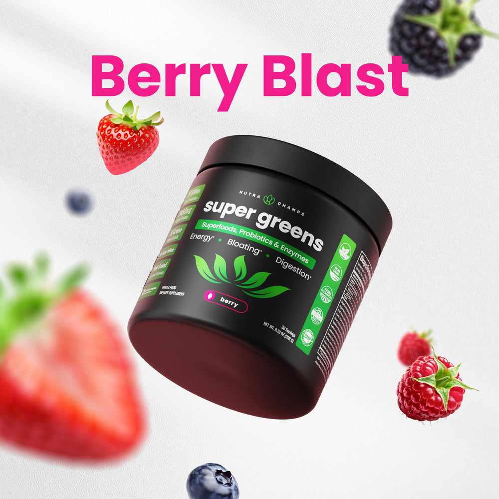 NutraChamps Super Greens Powder pouring into a glass for quick nutrition