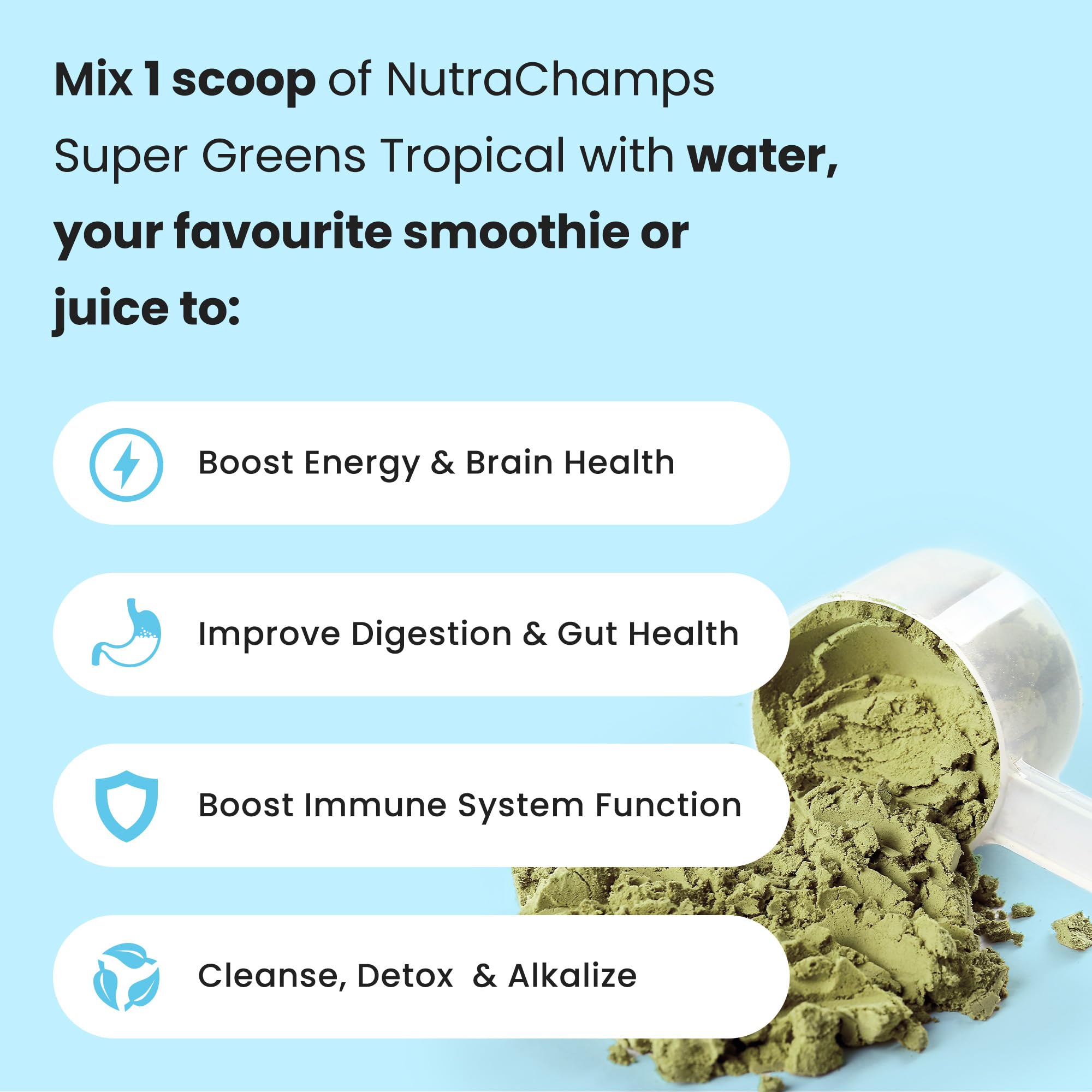 NutraChamps Super Greens scoop-stir image suggests quick preparation and on-the-go consumption.