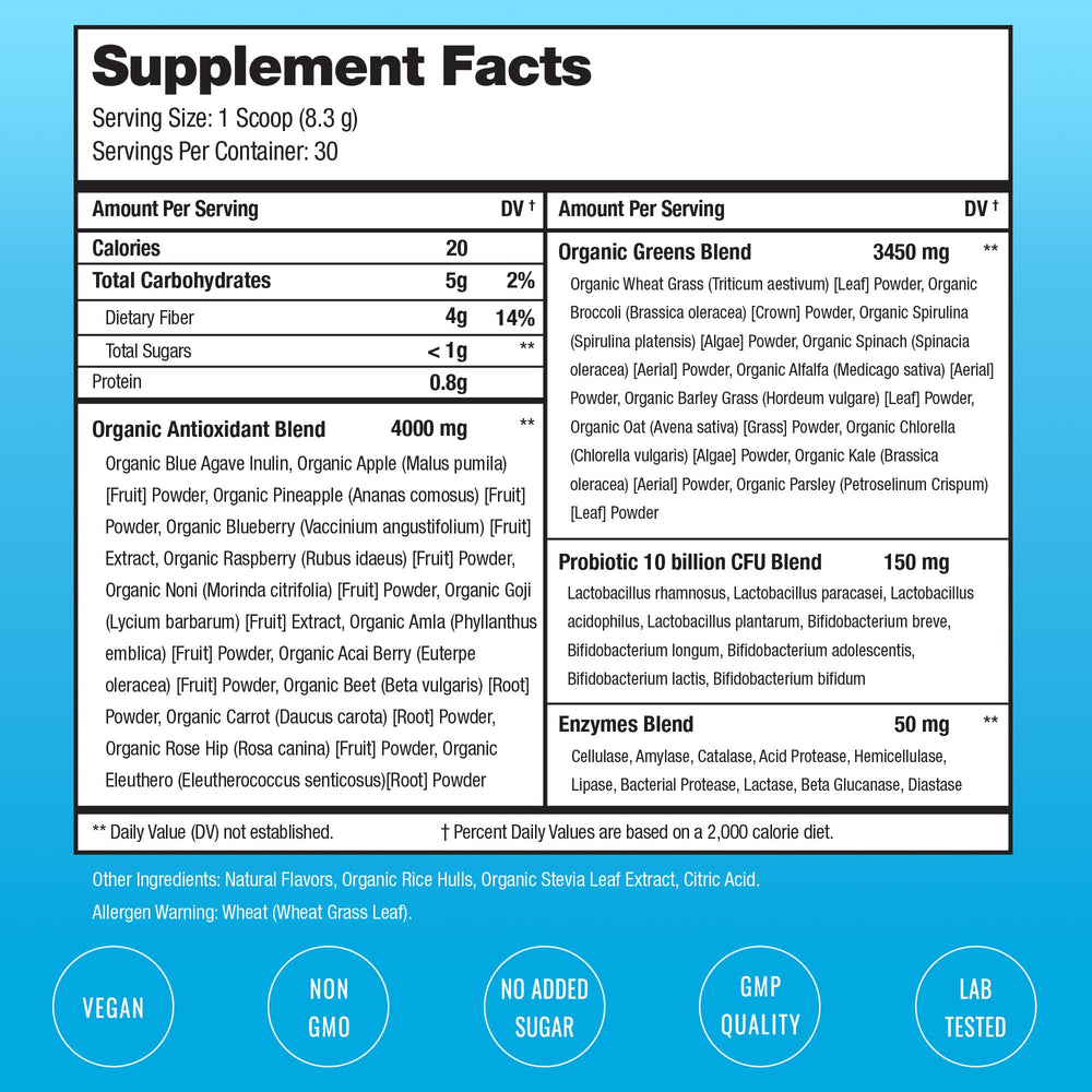 NutraChamps Super Greens tropical-fruit splash emphasizes refreshing, convenient daily greens.
