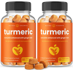 NutraChamps turmeric gummies bottle closeup highlighting vegan formula and easy daily use