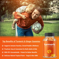 NutraChamps turmeric gummies tropical flavor on bright background, tasty daily chew