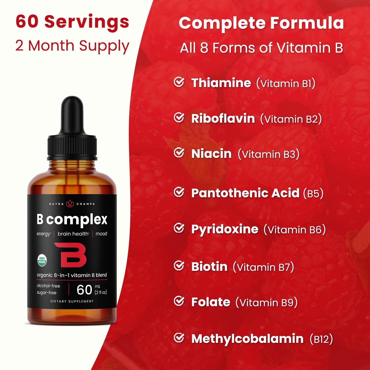 NutraChamps B Complex Drops bottle label highlights eight B vitamins