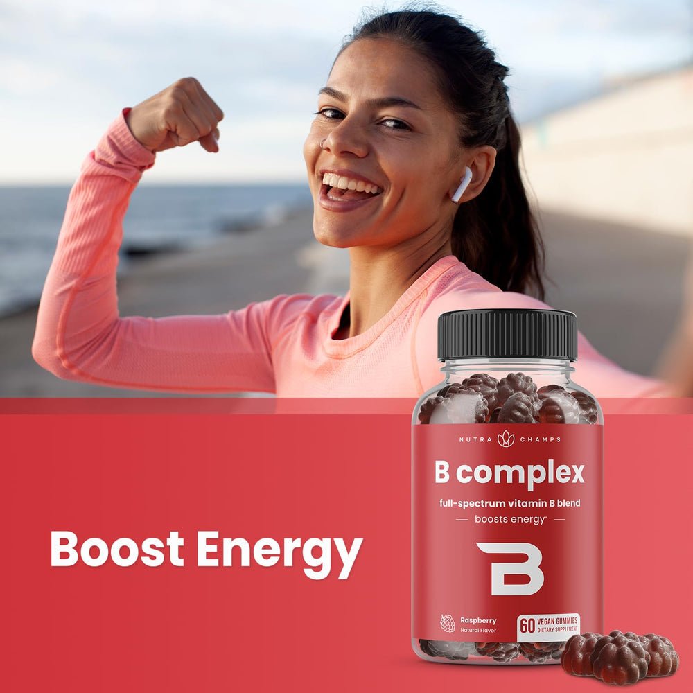 NutraChamps Vitamin B Complex Gummies label close-up with clean vegan formula