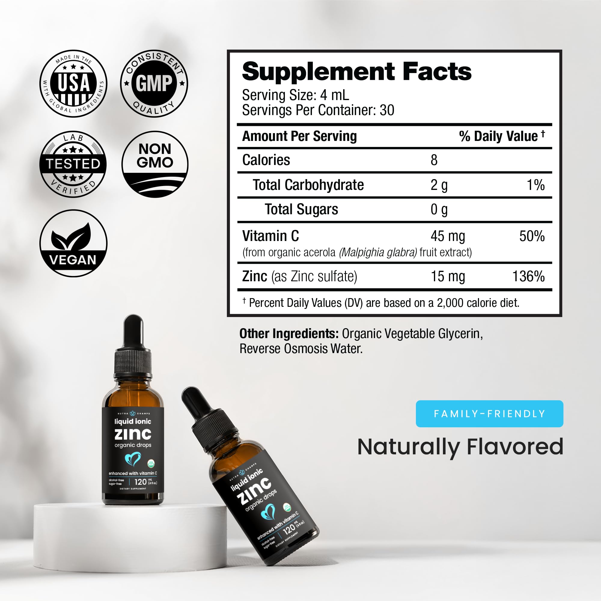 NutraChamps zinc liquid bottle with a kids dosing scene for family use