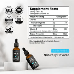 NutraChamps zinc liquid bottle with a kids dosing scene for family use