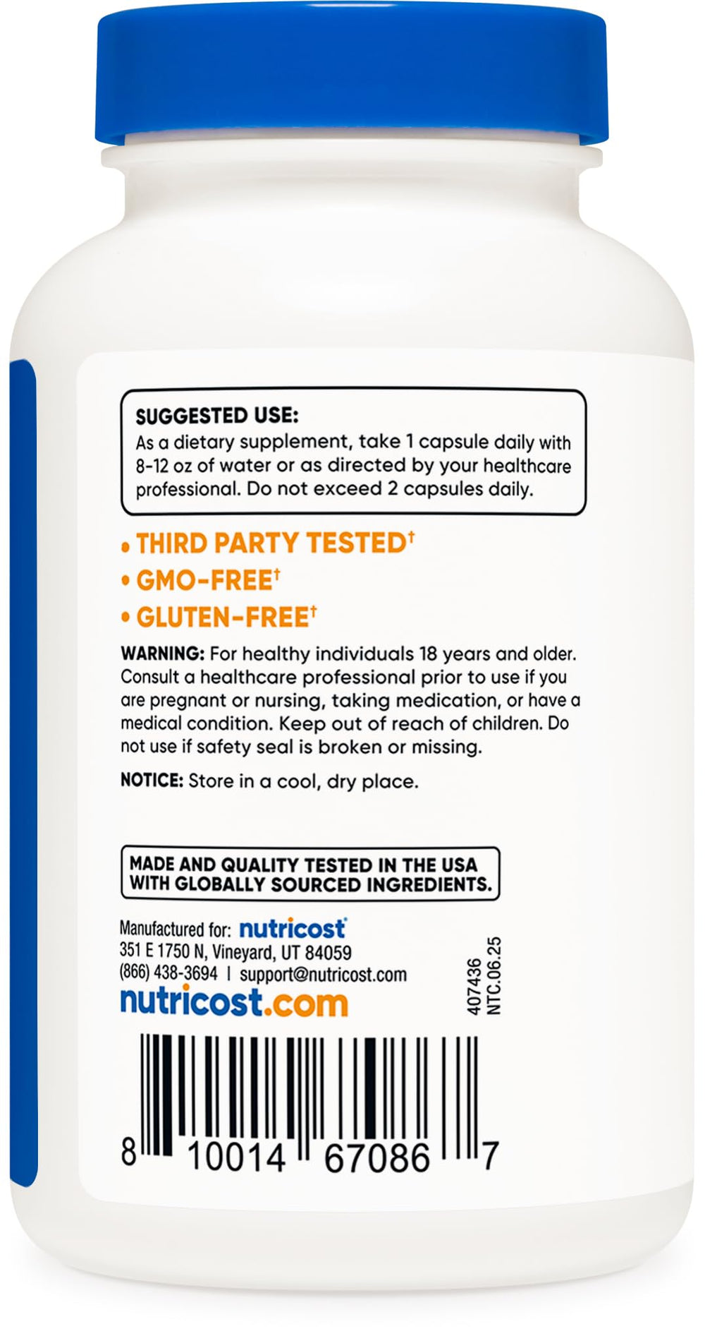 Gluten-free and non-GMO label on Nutricost Boron bottle.