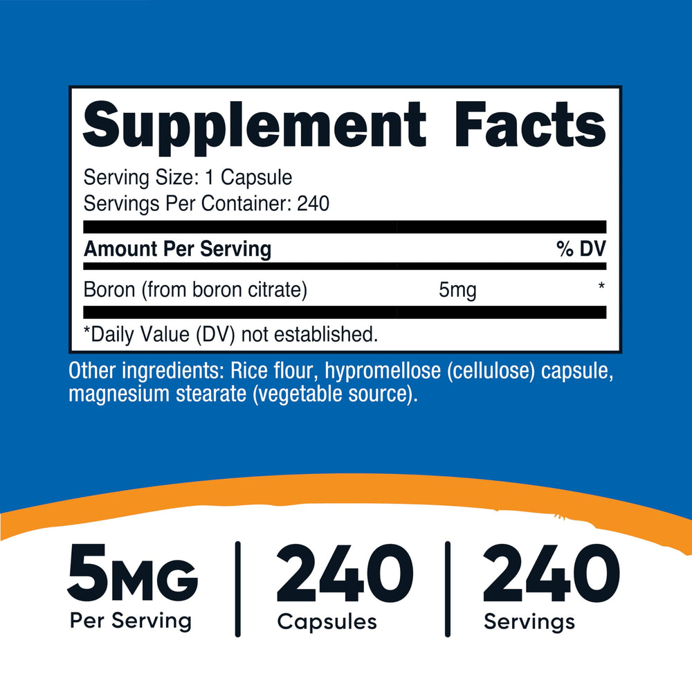 Nutricost Boron Capsules shown as vegetarian capsules for daily use.