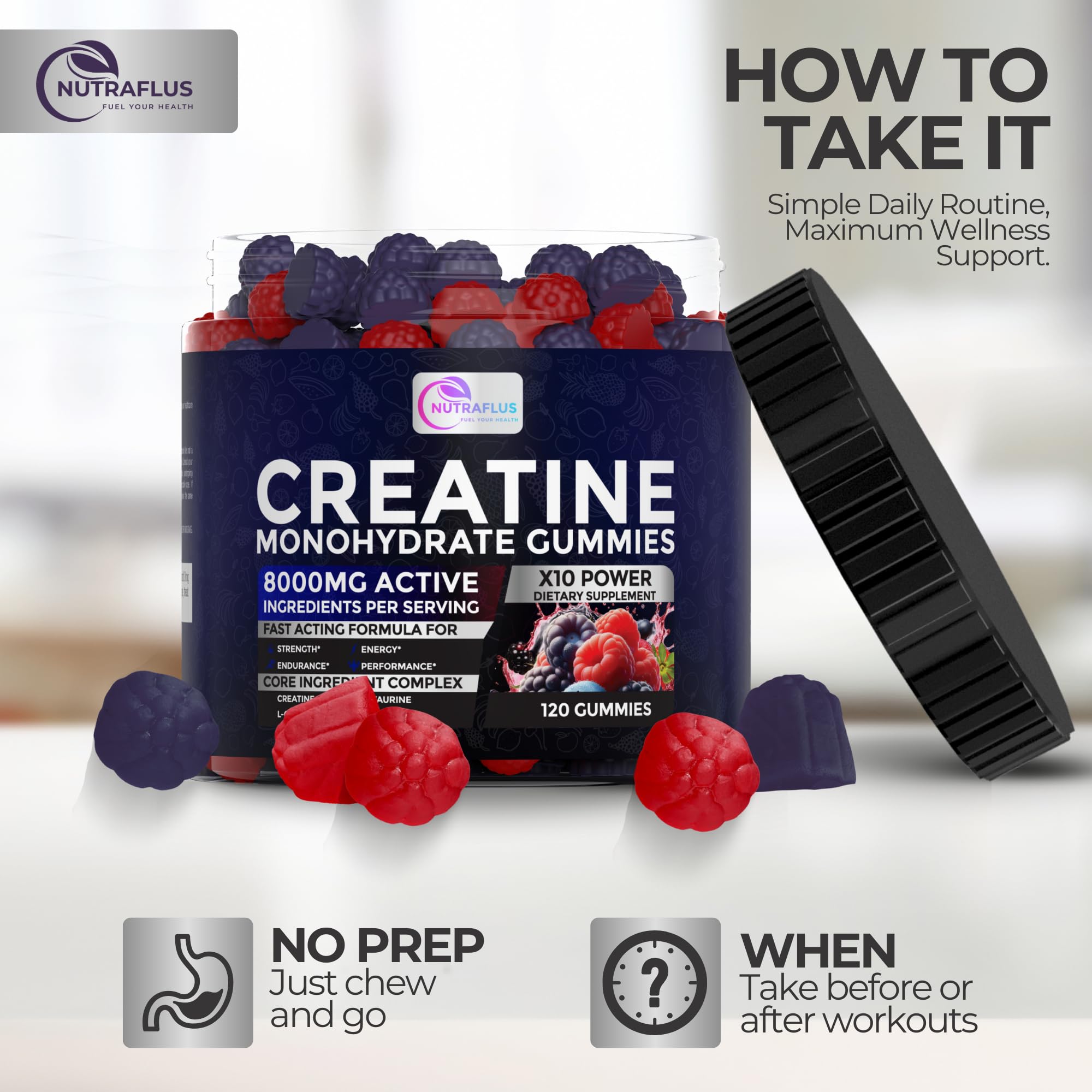 NutraFlus Creatine Monohydrate gummies berry jar highlights on-the-go convenience