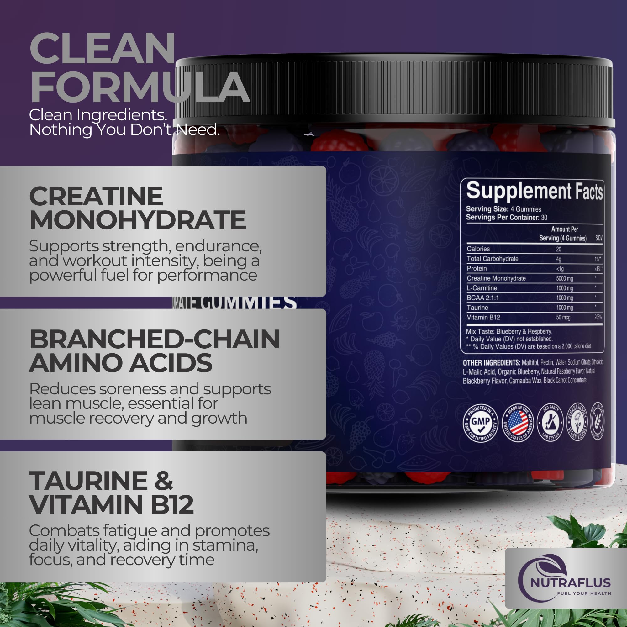 NutraFlus Creatine Monohydrate Gummies berry packaging shows clean vegan ingredients for active lifestyles
