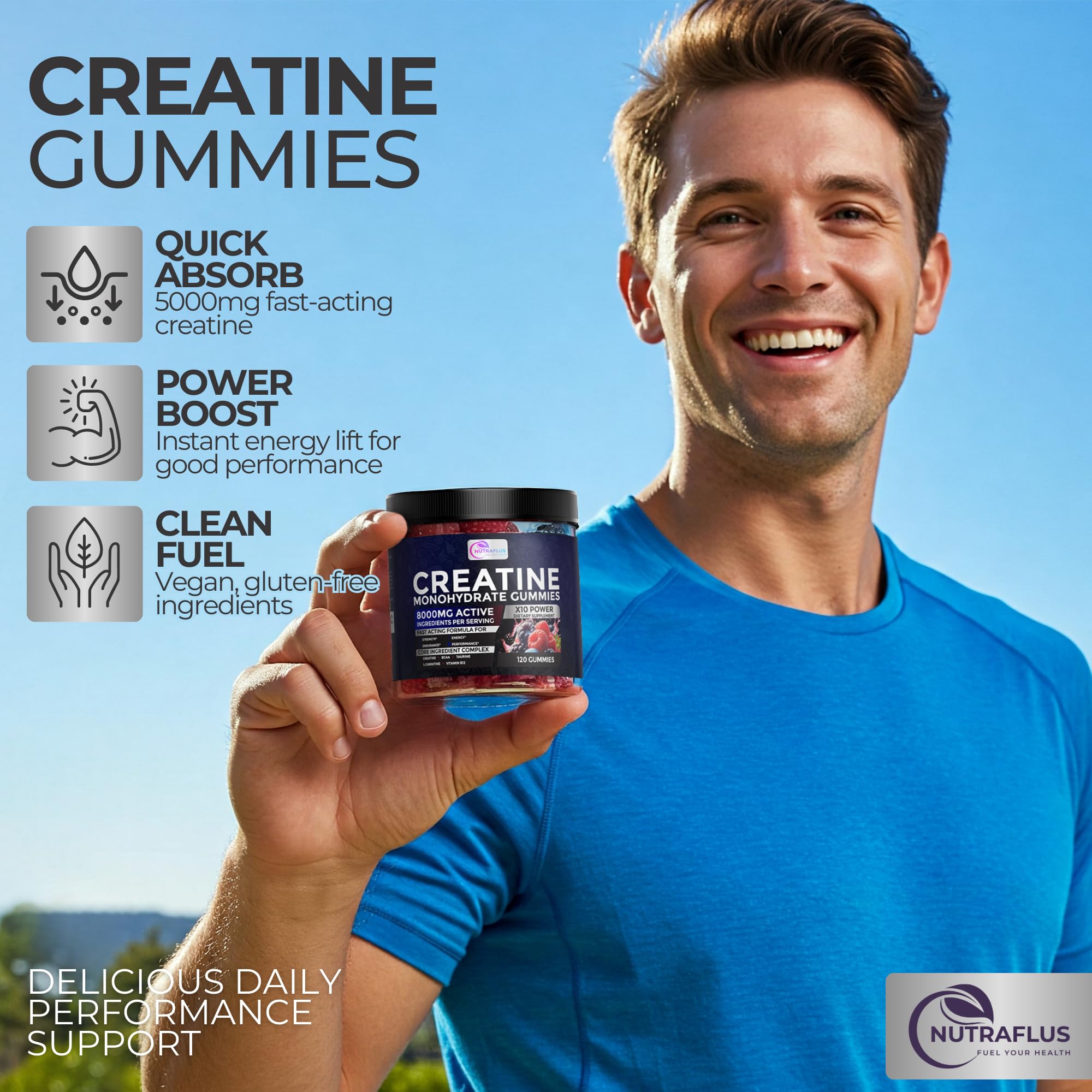 NutraFlus gummies berry serving closeup highlights chewable energy support for workouts