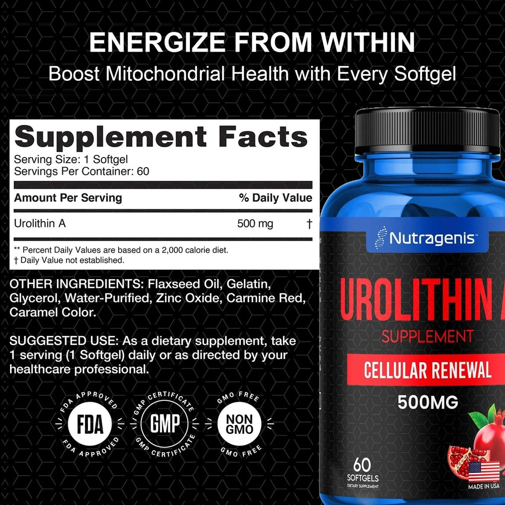 Nutragenis Urolithin A USA-made bottle signals high manufacturing standards and testing.