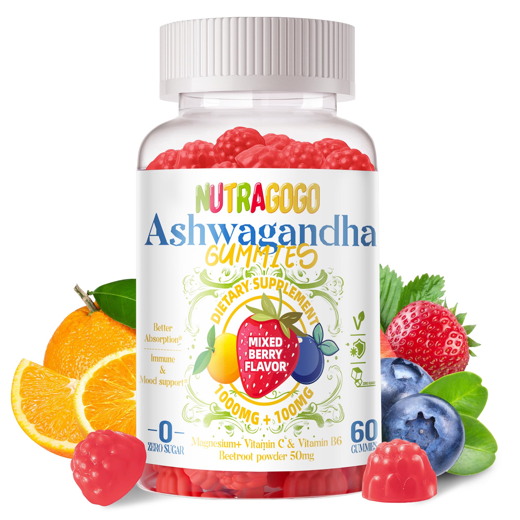 NUTRAGOGO Ashwagandha Gummies bottle front for daily calm and focus.